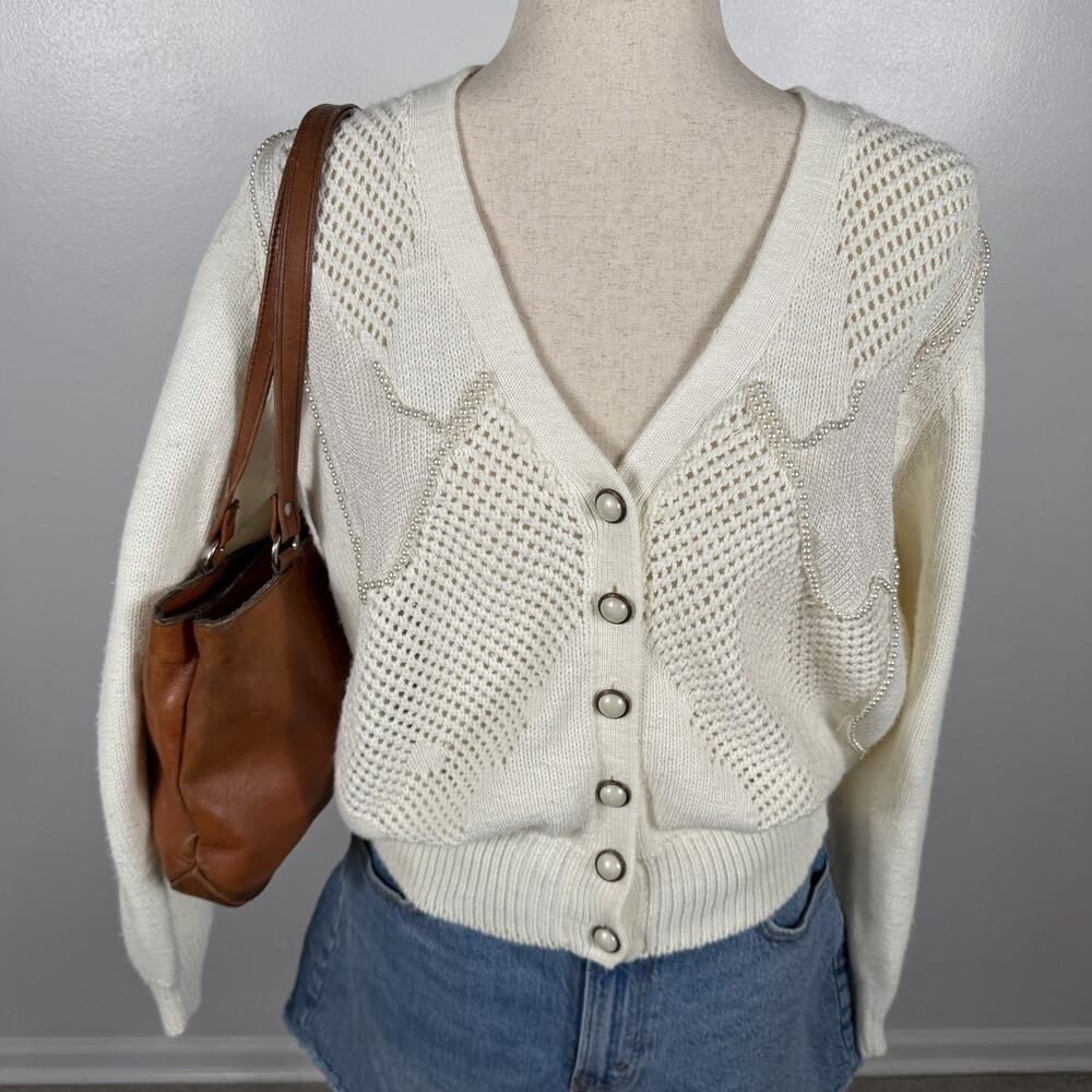 That’s Me Women’s Small Cream Pearl Western Cardigan Sweater Open Knit